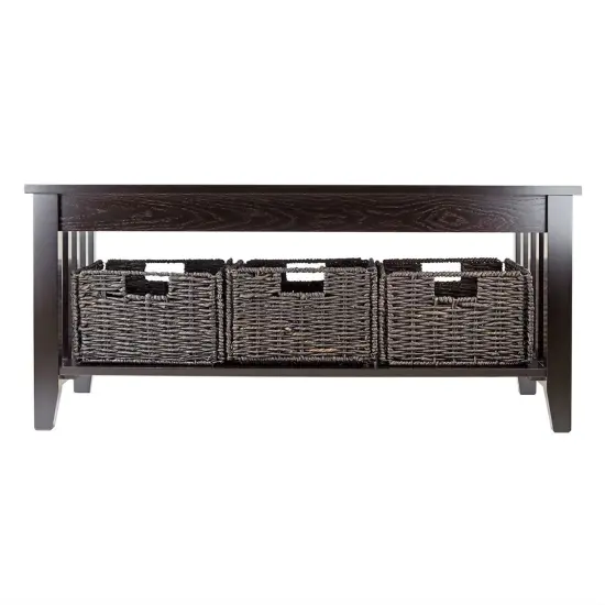Modern Rectangular Espresso Coffee Table with Shelf and 3 Storage Baskets for Living Room {3}