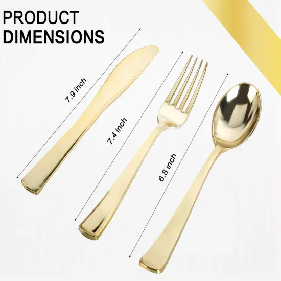 175 Piece Gold Dinnerware Set - 50 Gold Rim Plastic Plates - 25 Gold Plastic Silverware - 25 Gold Plastic Cups - 25 Gold Paper Napkins, 25 Guest Disposable Gold Dinnerware Set {5}