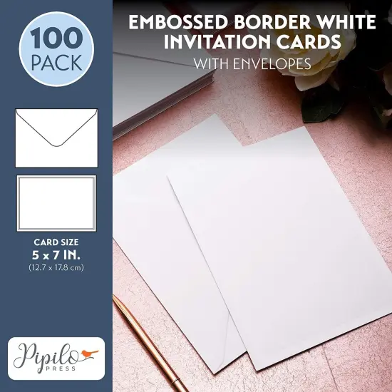 100 Pack Blank Invitation Cards with Envelopes, Cardstock Paper for Weddings, Birthday Party, Baby Shower, DIY (5x7 In) White {2}