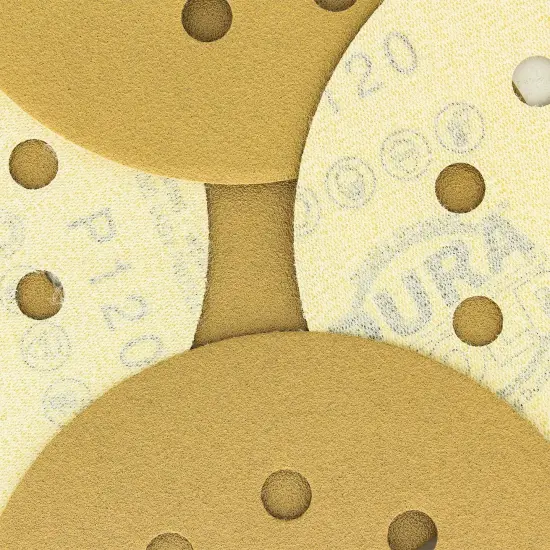 120 Grit - 5" Gold DA Sanding Discs - 8-Hole Pattern Hook and Loop - Box of 50 {3}