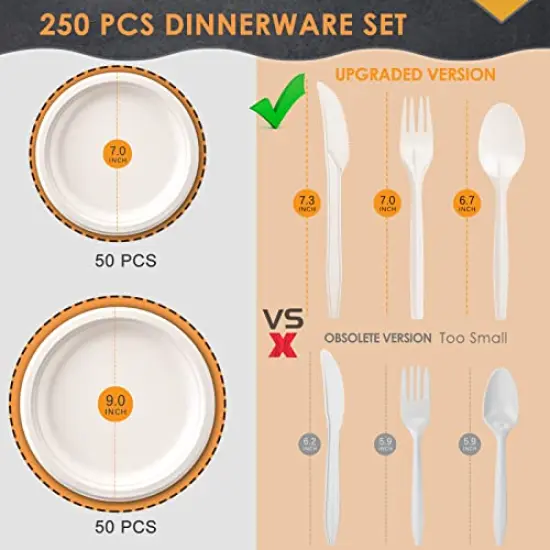 250 Pieces Compostable Paper Plates Disposable Plates Heavy-Duty Paper Plates Biodegradable White Plates for Party Sugarcane Plates Cornstarch Forks Knives Spoons for 50 Guests {1}