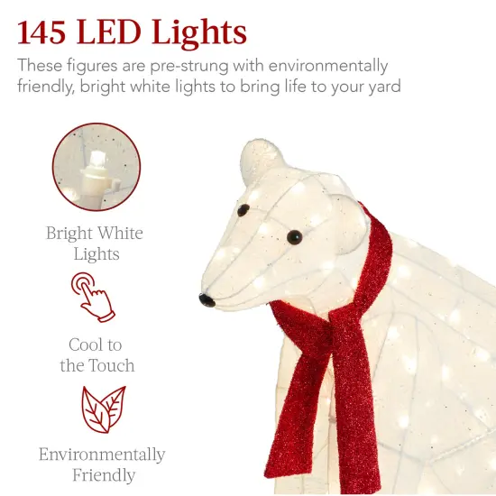 Best Choice Products Large Lighted Polar Bear Family w/ 145 Pre-Strung LED Lights, Zip Ties, Ground Stakes - Red/White {4}