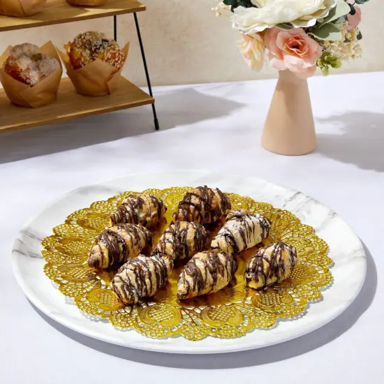 60 Pack Round Paper Placemats for Dining Table, Formal Events, Decorative Gold Lace Paper Doilies, Bulk Disposable Charger Plates for Cakes, Desserts, and Baked Goods (12 in) {3}