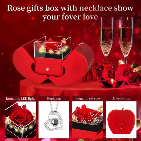 Preserved Red Real Rose with Necklace, Birthday Gifts for Women - Red {2}