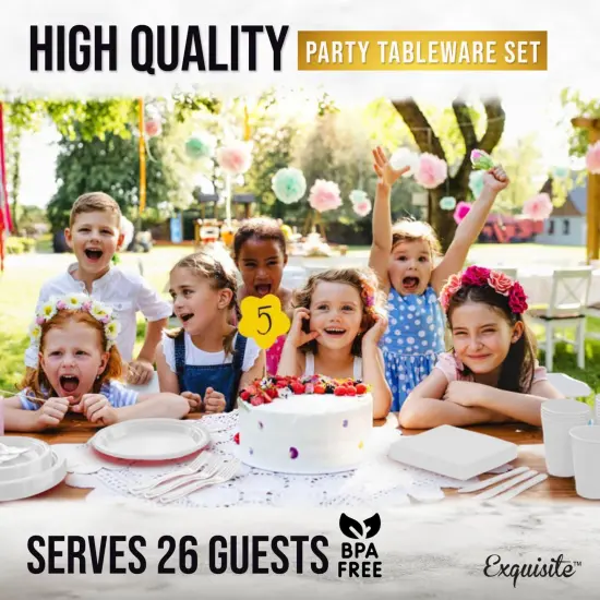 Exquisite 182 Pcs Plastic Plates for Party &ndash; Disposable Plates Set &ndash; 26 Each of 9" Dinner Plates, 7" Dessert Plates, Plastic Cups, Napkins & Plastic Cutlery &ndash; Plastic Dinnerware by Party Solids White {6}