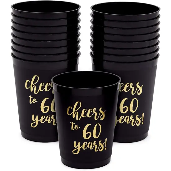 16 Pack Cheers to 60 Years Plastic Party Cups - 60th Birthday Decorations for Men and Women, Anniversaries (Black, 16 oz) {1}