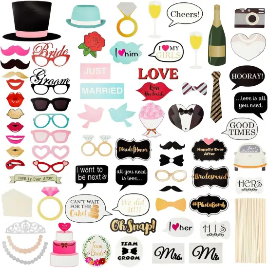 72 Pieces Wedding Photo Booth Props for Bridal Shower, Bachelorette Party, Photobooth Selfies, with Sticks and Stickers {1}