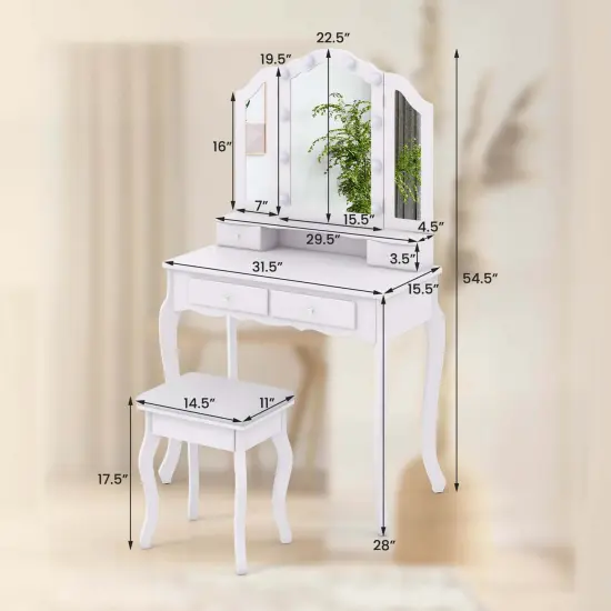 Costway Makeup Vanity Set with Tri-Fold Mirror & LED Lights 4 Drawers Open Shelf White/Black {3}