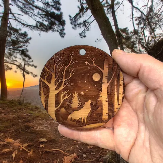 Winter Wolf - Raw Cedar Ornament 3x3in {6}