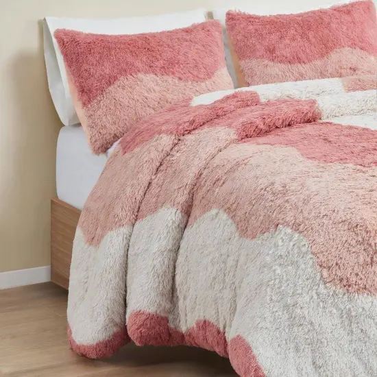 Blush Pink White Faux Fur Comforter Set Full Queen Reversible {2}