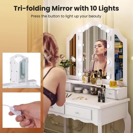 Costway Makeup Vanity Set with Tri-Fold Mirror & LED Lights 4 Drawers Open Shelf White/Black {12}