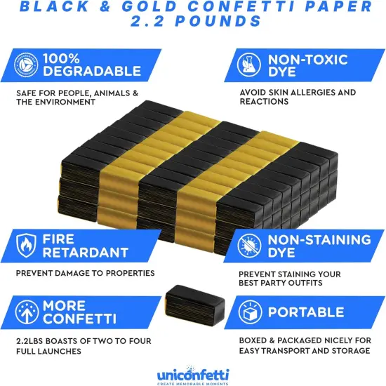 BLACK & GOLD Confetti Paper - BULK 2.2lbs | 1kg, Biodegradable Tissue Paper, Rainbow Light Weight, Non-Staining Paper, for Events, Crafts, Decorations {3}