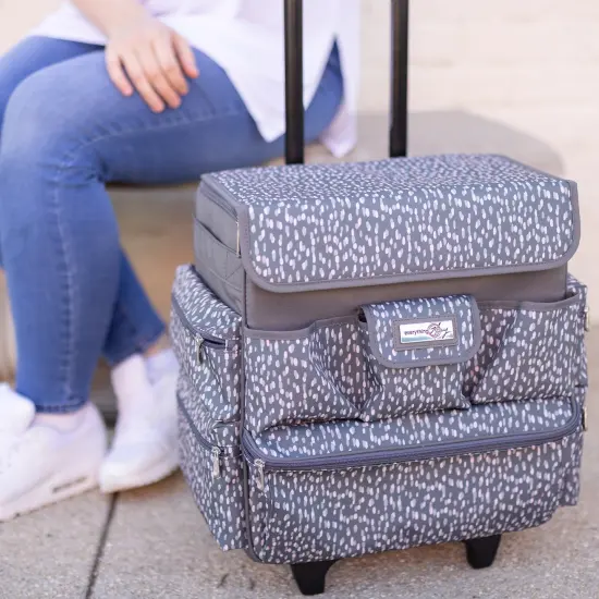 Multi-Compartment Teacher Rolling Tote, Grey & White {3}