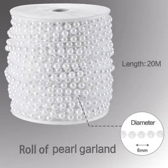 Craft String Pearls 6MM Pearl Bead, 66 Feet White Faux Pearl Garland Spool Roll Strand Wedding Party Decoration, Christmas Tree Decorations {2}