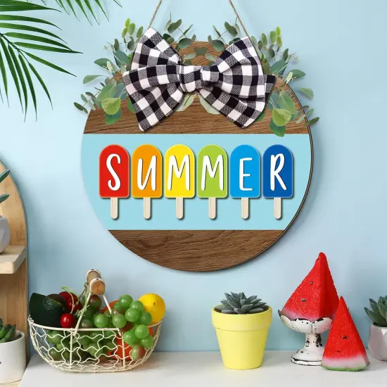 12 x 12 Inch Hello Summer Door Sign Ice Cream Welcome Summer Wreath Decor Beach Hanging Door Hanger Farmhouse Decorations for Wall Front Porch Decor(Ice Lolly) {2}