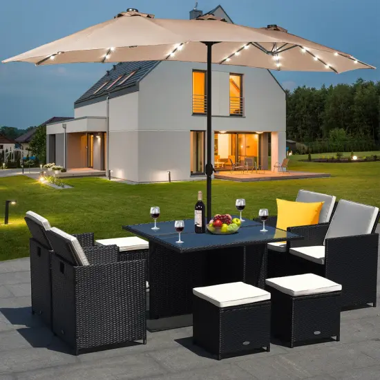 Costway 15Ft Patio Double-Sided Solar LED Market Umbrella Crank Base Beige/Tan/Orange/Burgundy/Gray/Turquoise {10}