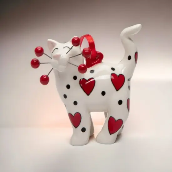 Ceramic White Cat with Red Hearts Ornament, Home Décor, Gift for Her, Mom, Cat Lovers Gift, Pet Loss Gift, Valentines Day Decor {1}