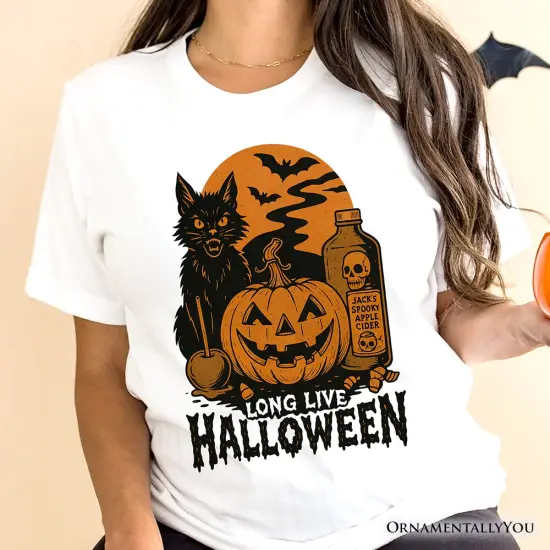 Long Live Halloween T-Shirt, Retro Black Cat Pumpkin Tee for Horror Fans {5}
