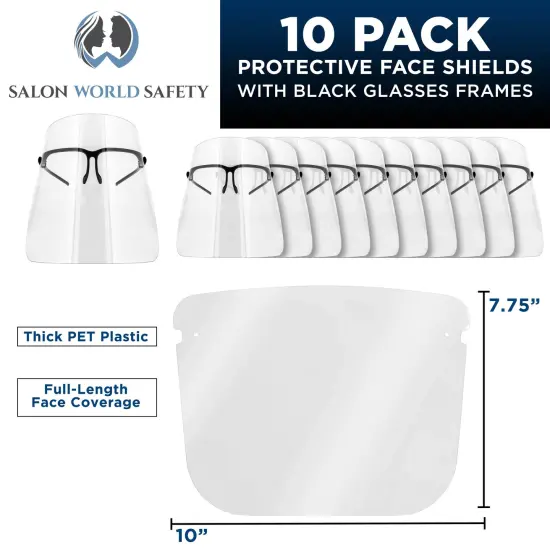 Safety Face Shields with Black Glasses Frames (Pack of 10) - Ultra Clear Protective Full Face Shields, Protect Eyes Nose Mouth - Anti-Fog PET Plastic {2}