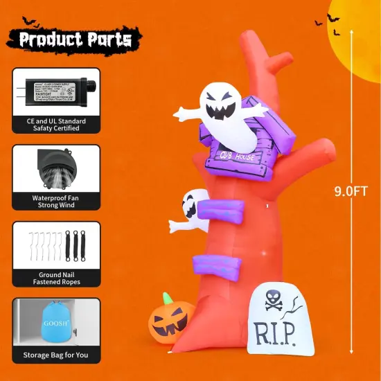 GOOSH 9 FT Halloween Inflatables Tree Blow Up Yard Huge Tree with Pumpkin Tombstone with Built-in LEDs {6}