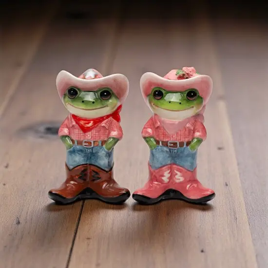 Ceramic Cowboy and Cowgirl Frog Salt and Pepper Shakers, Frog Lover Gift, Farmhouse Kitchen Decor, Gift for Her {2}