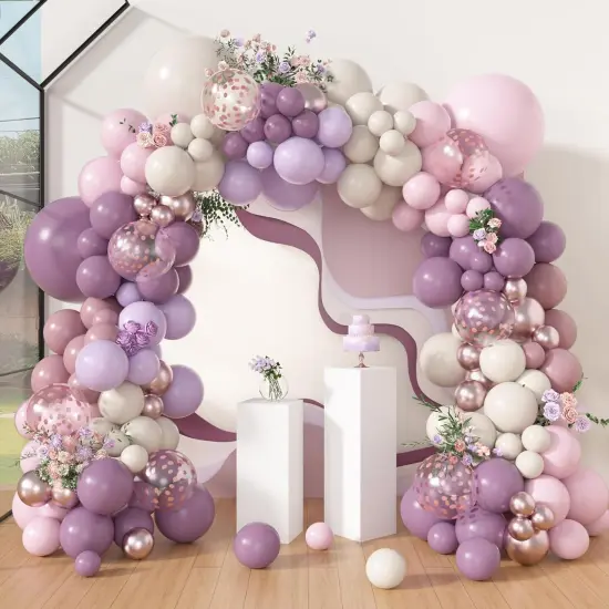 173Pcs Dusty Purple Balloon Arch Garland Kit, Double-stuffed Pink White Sand Lavender Lilac Light Purple Rose Gold Confetti Balloons for Baby Bridal Shower Wedding Birthday Party Decorations {1}