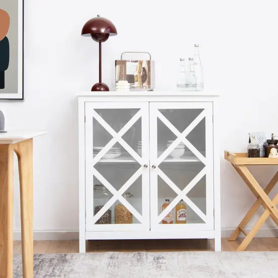 Costway Kitchen Buffet Sideboard Storage Cabinet w/Glass Doors & Adjustable Shelf White\Brown {3}