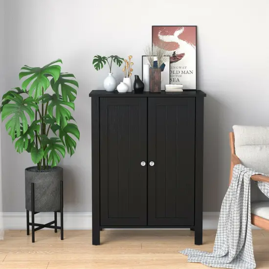 MDF Floor Cabinet with Adjustable Shelves and Double Doors Black {6}