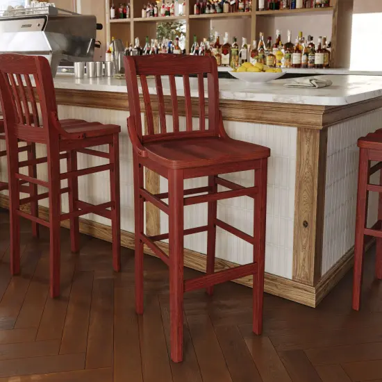 Emma and Oliver School House Back Wooden Restaurant Dining Barstool Mahogany {1}