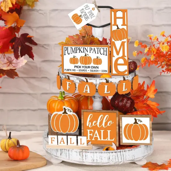 3 Pcs Fall Tiered Tray Decor Set - Autumn Harvest Wooden Sign (Pumpkin Style) {4}