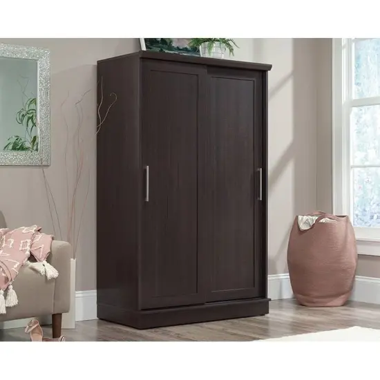 FarmHouse Espresso Oak Sliding Door Wardrobe Armoire with Adjustable Shelves and Dual Garment Rods {4}