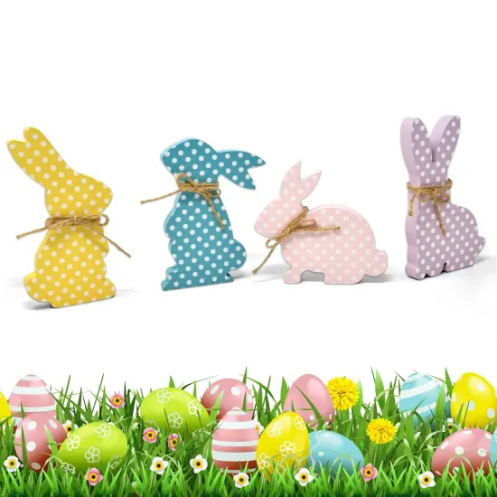 Gift Boutique Easter Bunny Table Decoration Centerpiece 4 Designs Decorative Wooden Spring Shaped Pastel Bunnies Rabbit Table Top Sign Decor Wood Tabletop for Office Dining Room Party Supplies {6}
