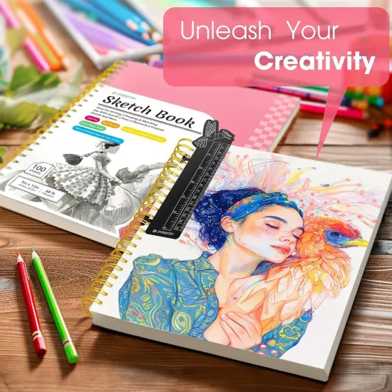 9" x 12" Sketch Book with Bookmark Ruler, 2 Pack 100 Sheets Spiral Sketchbook for Drawing (68lb/100gsm), Acid Free Sketch Pad Artist Sketching Drawing Paper for Kids Teens Adults, Pink {5}
