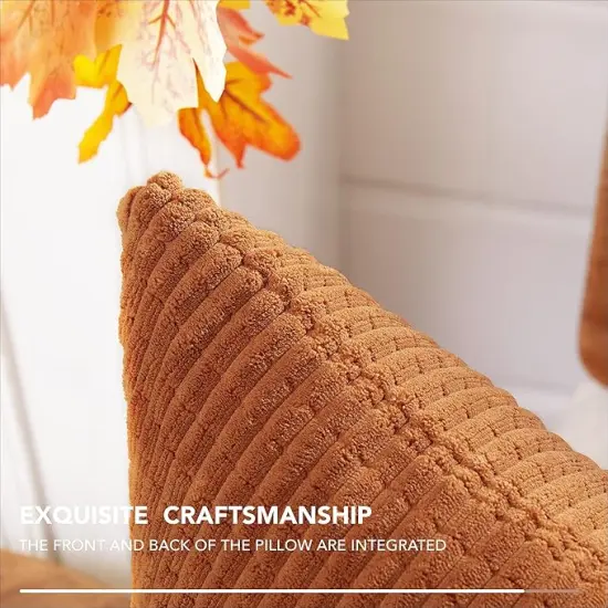 Corduroy Throw Pillow Covers, Soft & Decorative Cushion Covers, Machine Washable, Set of 2 for Sofa, Couch, Bedroom & Living Room, Orange, 22x22 Inch {4}