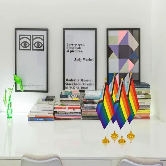 12 Pack Progress Pride Rainbow Desk Flag Small Mini Gay LGBT Table Flags With Stand Base,Rainbow Mardi Gras Festival Events Celebration Decorations {5}