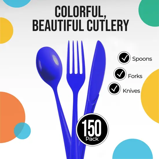 Exquisite Polished Plastic Silverware &ndash; 150 Pcs Heavy Duty Cutlery Set &ndash; 50 Each of Forks, Knives & Spoons &ndash; Disposable Utensil Set for Parties, Events & Catering &ndash; Flatware Set by Party Solids Dark Blue {2}