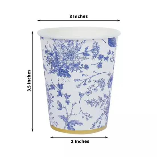 24 White 9 oz Blue Floral Design Disposable Paper Drinking CUPS Gold Rim Party {2}