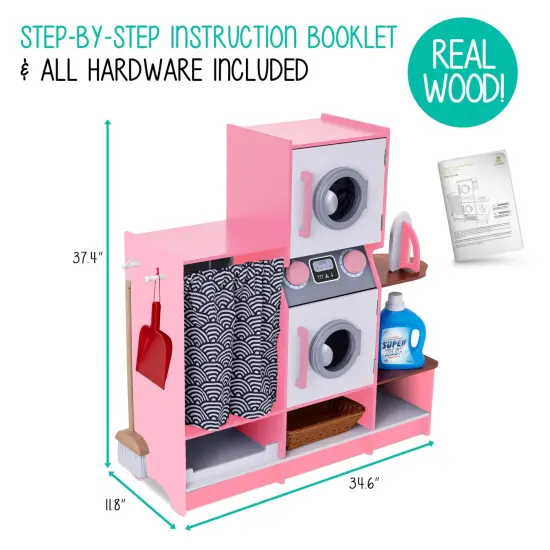 Lil' Jumbl Wooden Pretend Laundry Playset for Kids with Washer and Dryer Pink {3}