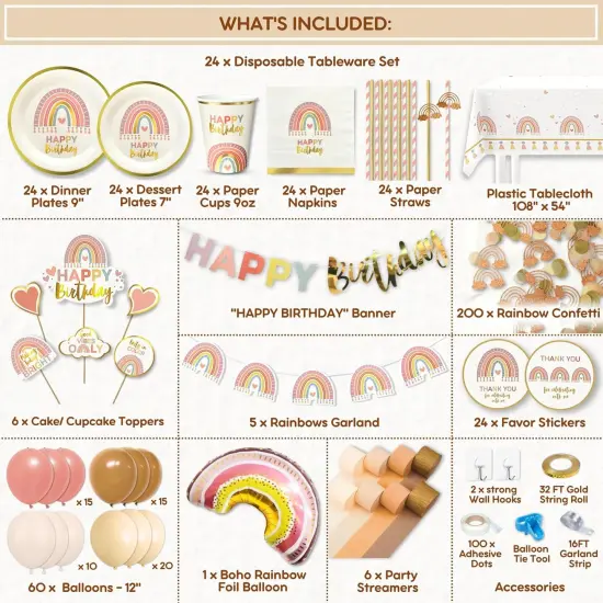 310 Pcs Boho Rainbow Birthday Decorations - Boho Balloon Arch Kit, Party Supplies serves 24, Banner, Garland, Cake and Cupcake Toppers, Confetti, Bohemian First, Pastel Dusty Pink Nude Blush Brown {2}