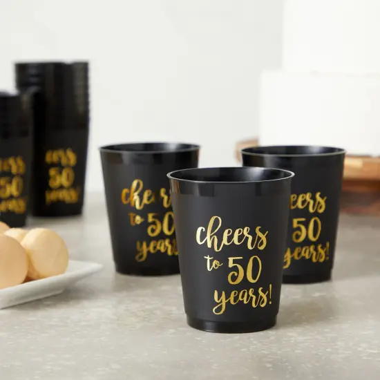 16 Pack Cheers to 50 Years Plastic Party Cups - 50th Birthday Decorations for Men and Women, Anniversaries (Black, 16 oz) {4}