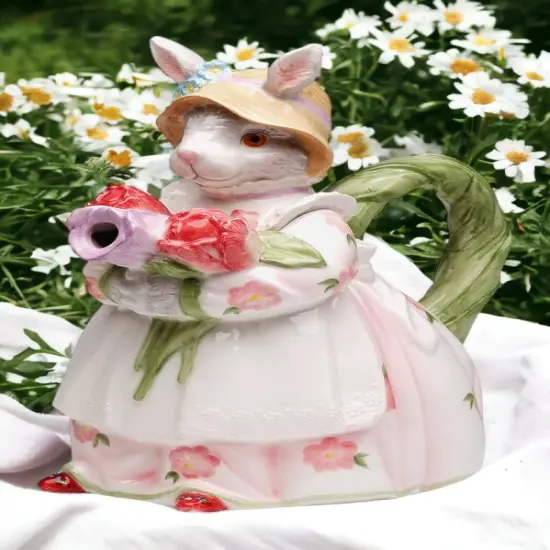 Ceramic Bunny Rabbit Holding Rose Flowers Teapot, Home D&eacute;cor, Gift for Her, Gift for Mom, Kitchen D&eacute;cor, Spring D&eacute;cor, Easter D&eacute;cor {1}