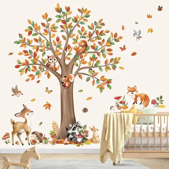 Woodland Animals Fall Large Tree Wall Stickers Deer Racoon Owl Wall Decals {3}