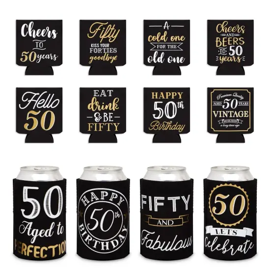 12 Pack 50th Birthday Can Cooler Sleeves for Soda, Beverages - Cheers and Beers to 50 Years Decorations and Party Favors for Women, Men (Black and Gold, 2.5x4 in) {1}