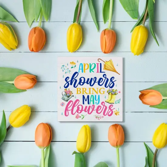 April Showers Bring May Flowers Wooden Sign, Farmhouse Spring Desk Decorations {4}