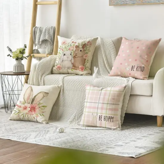 Easter Rabbit Flower Buffalo Plaid Be Hoppy Throw Pillow Cover, 18 x 18 Inch Polka Dot Bird Be Kind Cushion Case Decoration for Sofa Couch Set of 4 {4}