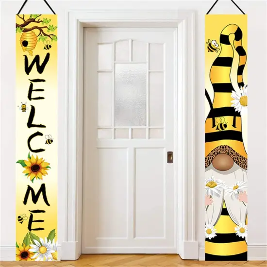 Welcome Honey Bee Happy Porch Banner with 12 x 71 inch, Vertical Sunflower Gnome Hanging Banner Front Door Sign for Seasonal Summer Farmhouse Home Outdoor Yard Decorations {5}