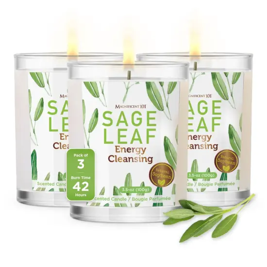 Magnificent 101 Set of 3 Long Lasting White Sage Leaf Scented Smudge Candles - 42 Hour Burn, 3.5 Oz Each, Made with Soy Wax and Herb, Ideal for House Energy Cleansing, Meditation & Manifestation Multicolor {2}
