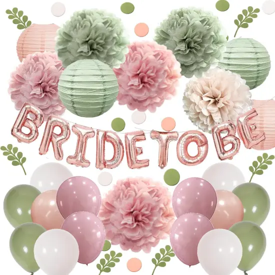 Bachelorette Decorations Pink Green- Bridal Shower Party Decor and Supplies Kit for Wedding With Foil Balloons Table Confetti Scatters Hanging Paper Lantern Tissue Flowers (Sage Green + Rose Pink) {1}