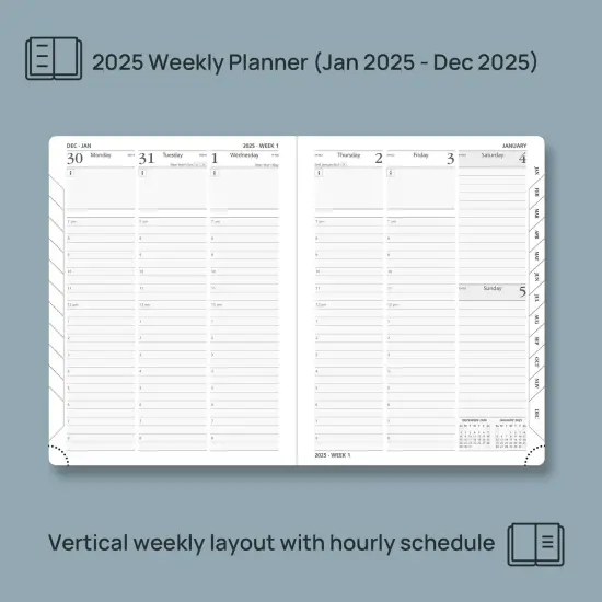 2025 Planner 6.5'' x 8.5'' - 2025 Weekly Calendar with Hourly Time Slots, Weekly/Monthly Appointment Book for Time Management - Leather Soft Cover - Black {3}