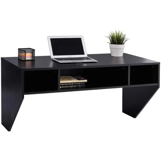 Black Floating Laptop Desk with Metal Rail System, Storage Compartment and Cable Management {2}